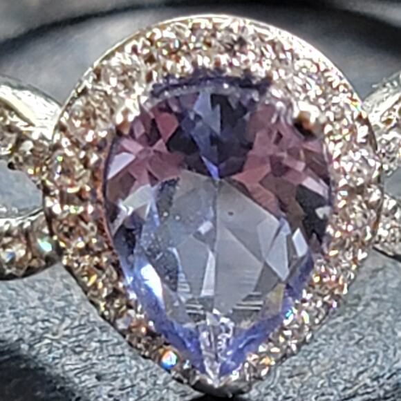 Elegant Rhodium-Plated Size 9 Pear-Shaped Violet Gemstone Ring - Picture 2 of 11